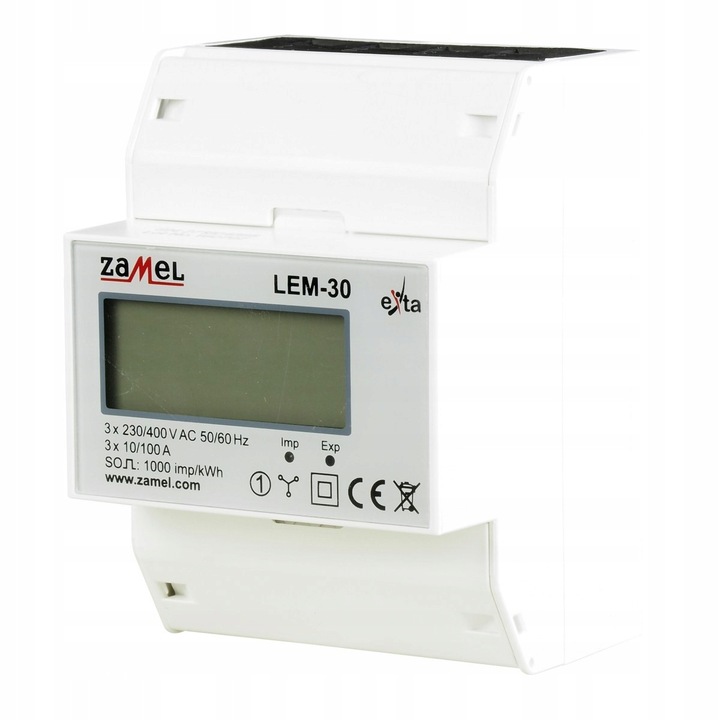 Електромер Zamel LEM-30, трифазен 100A без MID, клас 1, LCD дисплей, импулсен изход, монтаж на шина TH35, бял