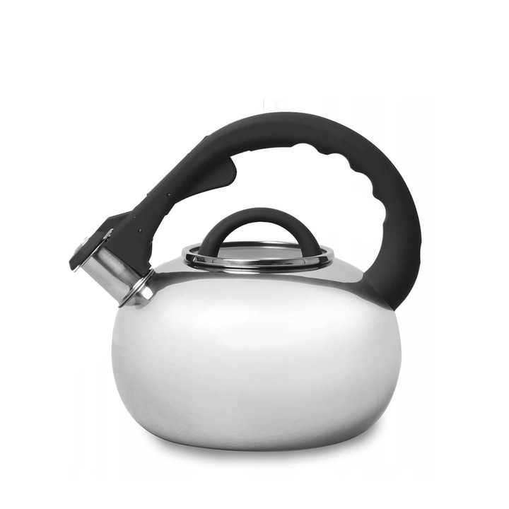 Ceainic Kamille, din otel inoxidabil, cu fluier integrat, maner bakelit soft-touch rezistent la caldura, fund dublu pentru distributie uniforma a caldurii, compatibil gaz/electric/ceramica/inductie, argintiu/negru, 2,8 l