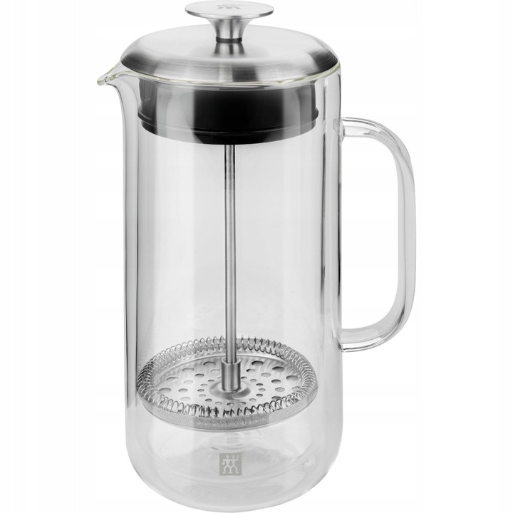 Кафеварка French press Zwilling Sorrento Plus, двойна стена от боросиликатно стъкло, капак и филтър от инокс, съвместима със съдомиялна машина, прозрачна, 750 мл