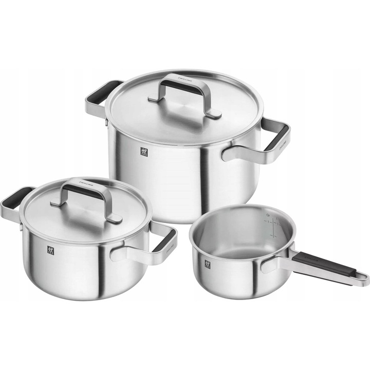 3 részes készlet, Zwilling Pure edények, háromrétegű alj az egyenletes hőelosztásért, stay-cool fogantyúk szilikon betétekkel, ezüst, 24/20/16 cm