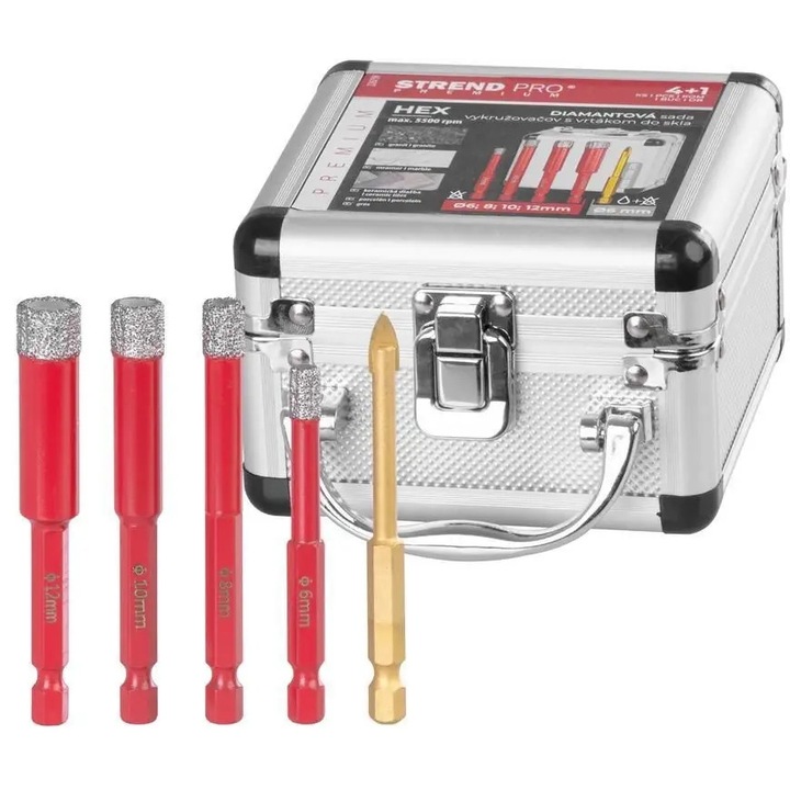 Set freze diamantate Strend Pro Premium HEX pentru piatra si ceramica, montare HEX O 6/8/10/12 mm, include burghiu pentru sticla 6 mm, rosu/argintiu, 5 bucati