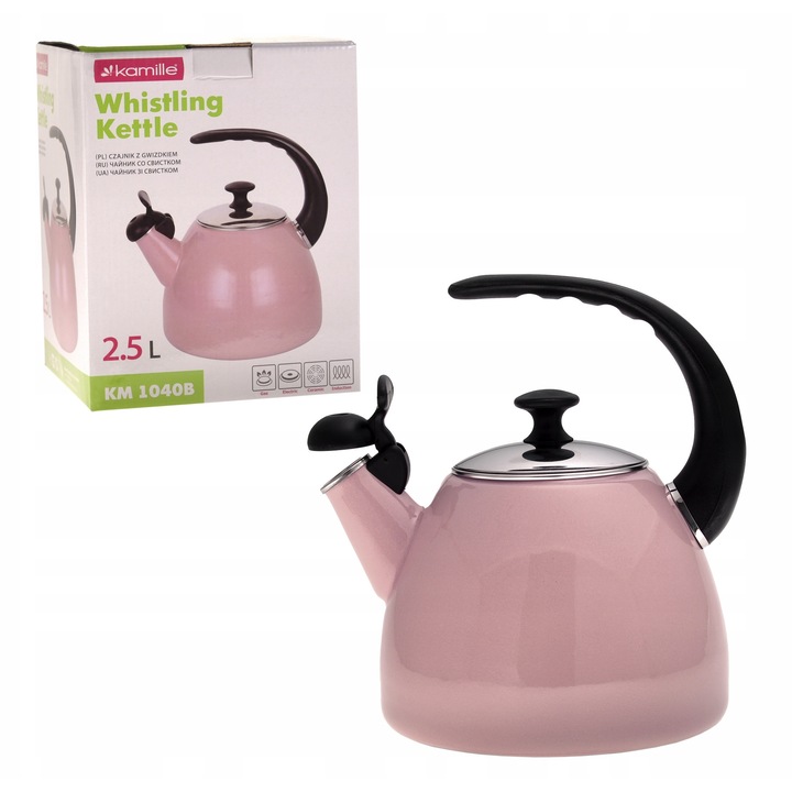 Kamille KM-1040B zománcozott acél teáskanna síppal, hőszigetelt bakelit fogantyúval, indukciós főzőlappal kompatibilis, rózsaszín, 2,5 L