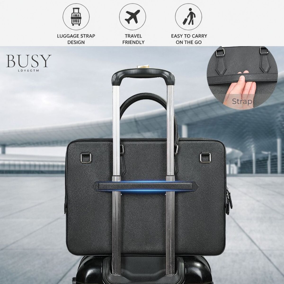 Geanta laptop 14’' din piele naturala Saffiano, slim, suport troler - Negru