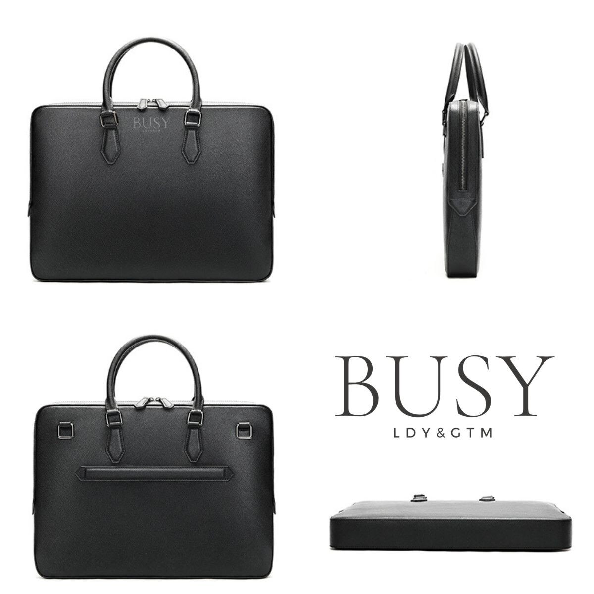 Geanta laptop 14’' din piele naturala Saffiano, slim, suport troler - Negru