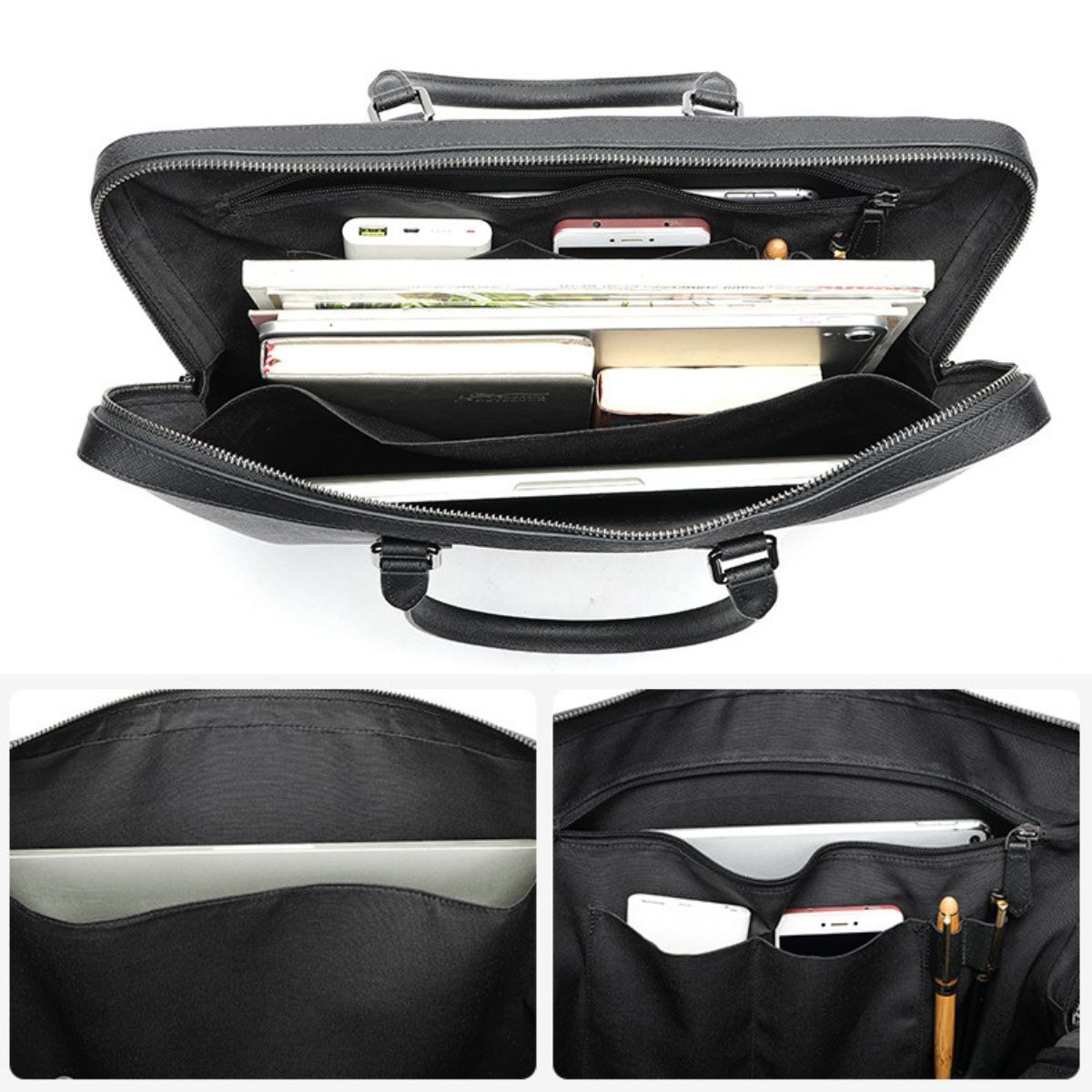 Geanta laptop 14’' din piele naturala Saffiano, slim, suport troler - Negru