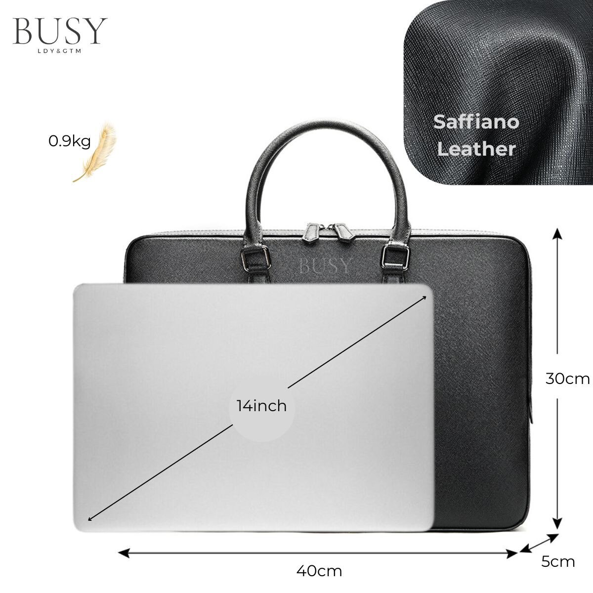 Geanta laptop 14’' din piele naturala Saffiano, slim, suport troler - Negru