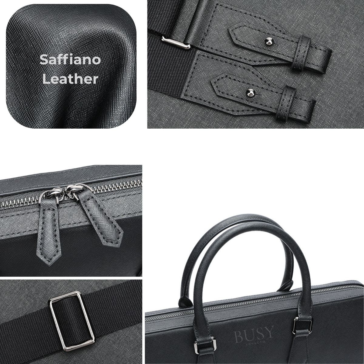Geanta laptop 14’' din piele naturala Saffiano, slim, suport troler - Negru