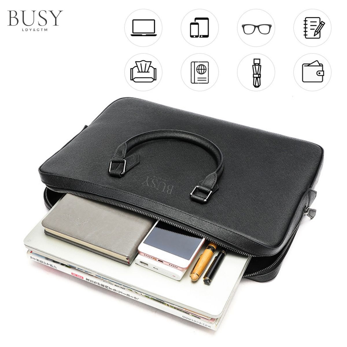 Geanta laptop 14’' din piele naturala Saffiano, slim, suport troler - Negru