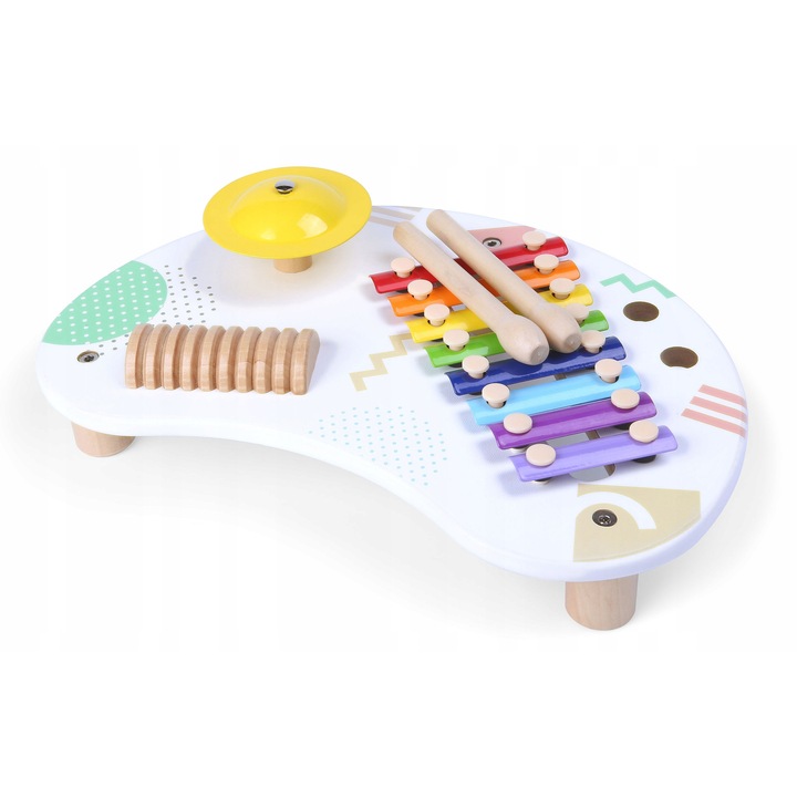 Ecotoys Zenei asztal hangszerekkel, 3655-ös modell, fából és fémből, 3 beépített hangszer (xilofon 8 hanggal, ütőhangszeres tányér, kaparó), fa ütők mellékelve, többszínű, 1 db.