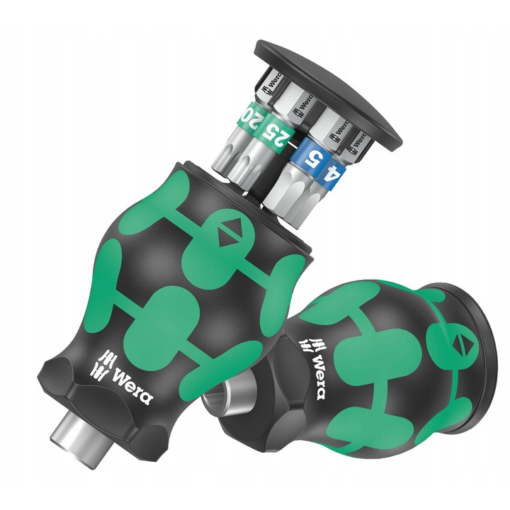 Отвертка Wera Kraftform Kompakt Stubby 3, с магазин и 6 бита BiTorsion, къса ергономична дръжка с магнит 1/4'', черно/зелено, 1 бр.