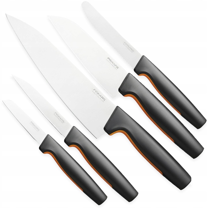 Fiskars Functional Form 1057556/1057557 konyhakés készlet, 5 darab, japán rozsdamentes acél HRC 52, csúszásmentes Softouch markolat, fekete/narancssárga