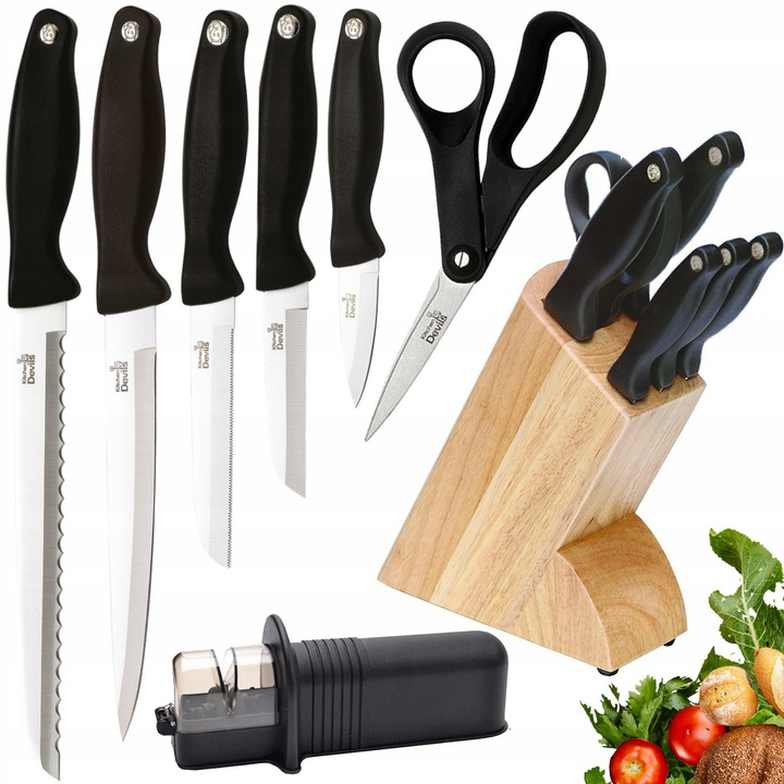 Fiskars Kitchen Devils 5 részes konyhakés készlet, rozsdamentes acél pengék, ergonomikus markolatok, fa késtartó blokk, olló és Roll-Sharp késélező, fekete/natúr, 1 szett