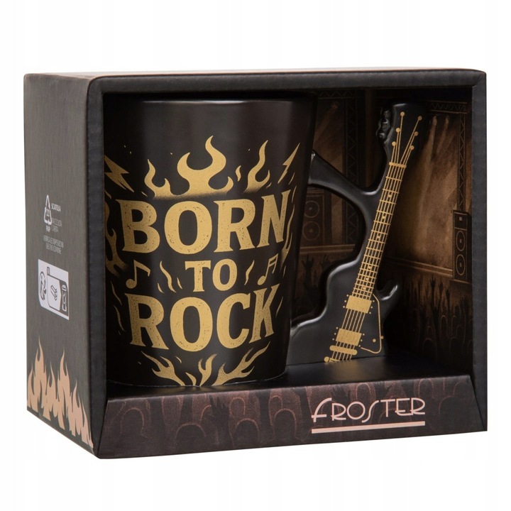 Froster Single Cut kerámia bögre, gitár alakú fogantyúval, „Born to Rock” felirattal, fekete/arany, 1 db