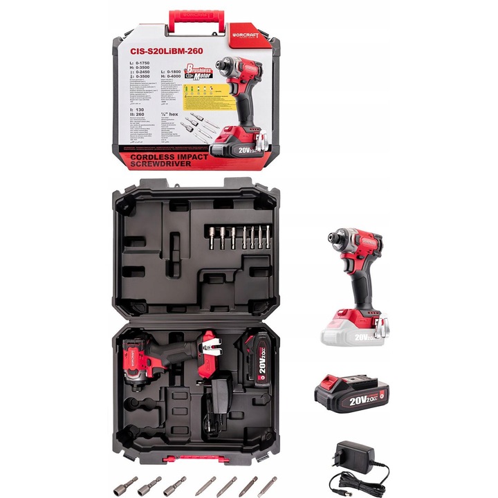 Worcraft CIS-S20LiBM-260 ütvecsavarozó, szénkefe nélküli motor, max. 260 Nm nyomaték, 20V 2.0 Ah akkumulátor, töltővel, piros/fekete, 1 szett