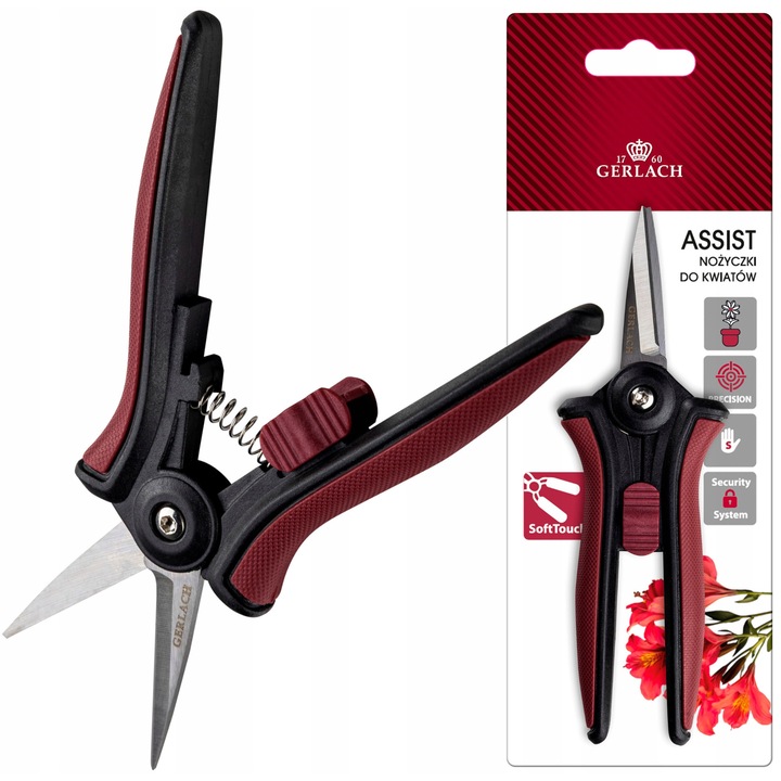 Gerlach Assist virágolló, kerti olló, éles penge, SoftTouch csúszásmentes markolat, piros/fekete, 15 cm, 1 db