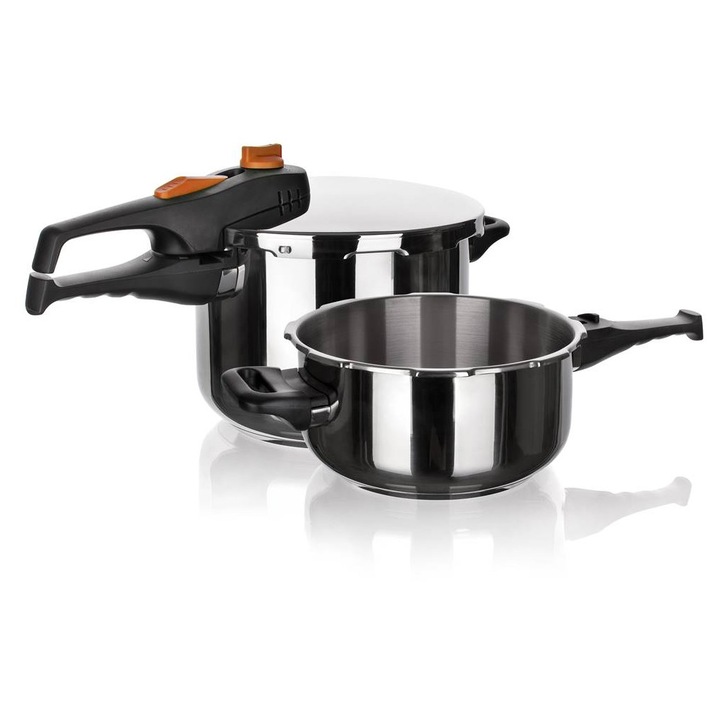 2 részes szett, Banquet Adagio kukta, rozsdamentes acél gyorsfőző edény, szilikon tömítéssel és ergonomikus fogantyúkkal, ezüst/fekete, 4L és 6L