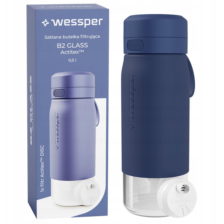 Филтърна бутилка Wessper B2 GLASS Actitex, от боросиликатно стъкло, с филтър Actitex DISC, синя, 500 мл