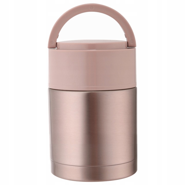 Termos pentru mancare Maestro MR-1636-110, recipient termic izolat vidat, din otel inoxidabil 304, 1 camera, cu castron 200 ml si maner pliabil, roz, 1,1 l