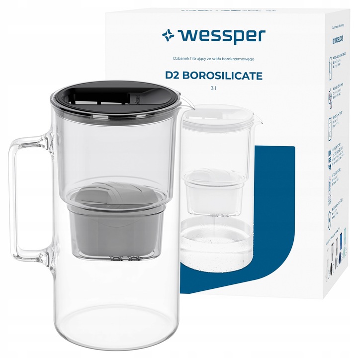 Carafa filtranta sticla Wessper Borosilicat 3L cu filtru Aquamax