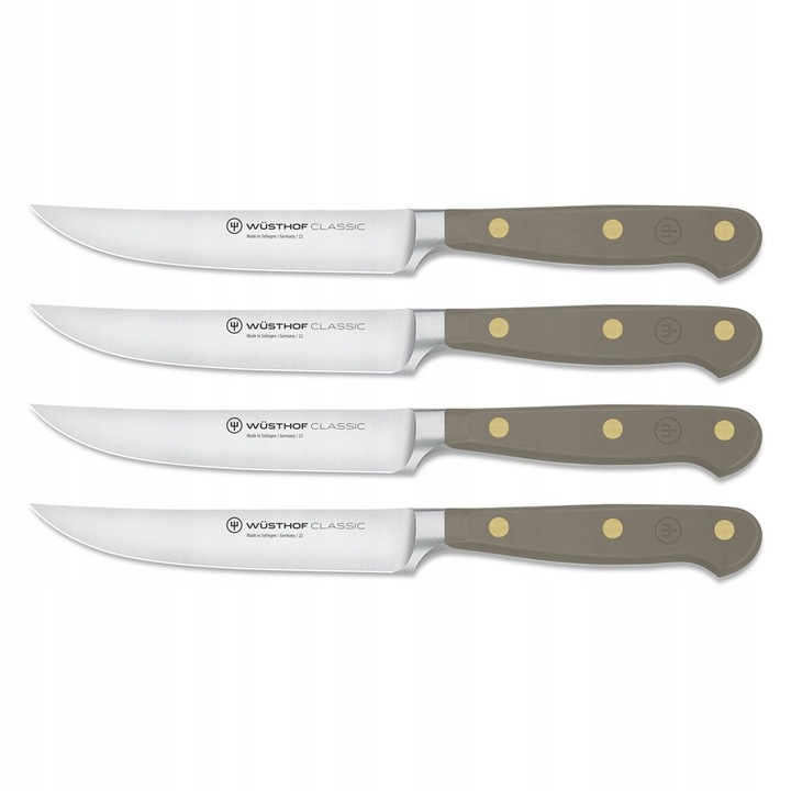 Set 4 bucati, cutite pentru friptura Wusthof Classic, forjate din otel inoxidabil X50CrMoV15, manere din POM fixate cu 3 nituri, lama 12 cm, gri