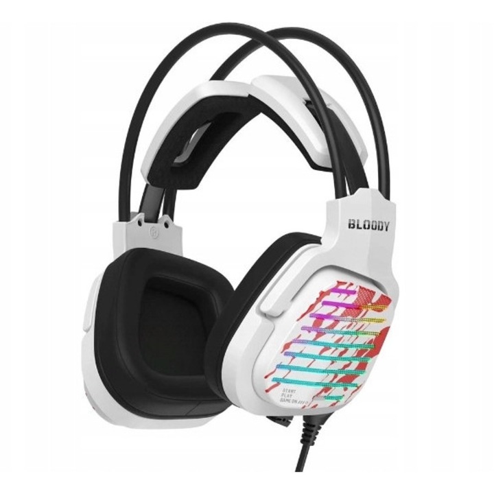 Casti gaming A4Tech BLOODY G565, USB 7.1, iluminare RGB, reducere a zgomotului, peste ureche, Alb