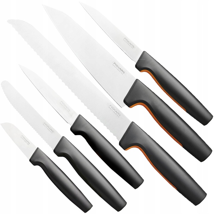Fiskars Functional Form konyhakés készlet, 6 darab, japán rozsdamentes acél HRC 52, Softouch csúszásmentes markolat, fekete/narancssárga