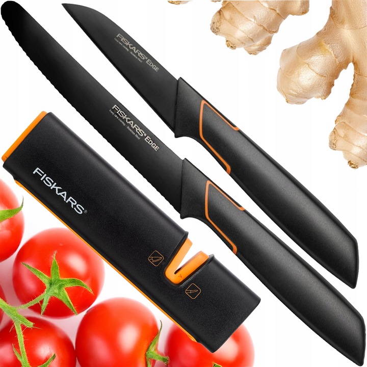 Fiskars Edge konyhakés szett, 3 darabos, paradicsom kés 13 cm, hámozókés 8 cm, késélező 16.5 cm, japán rozsdamentes acél, ergonomikus ABS markolat, fekete