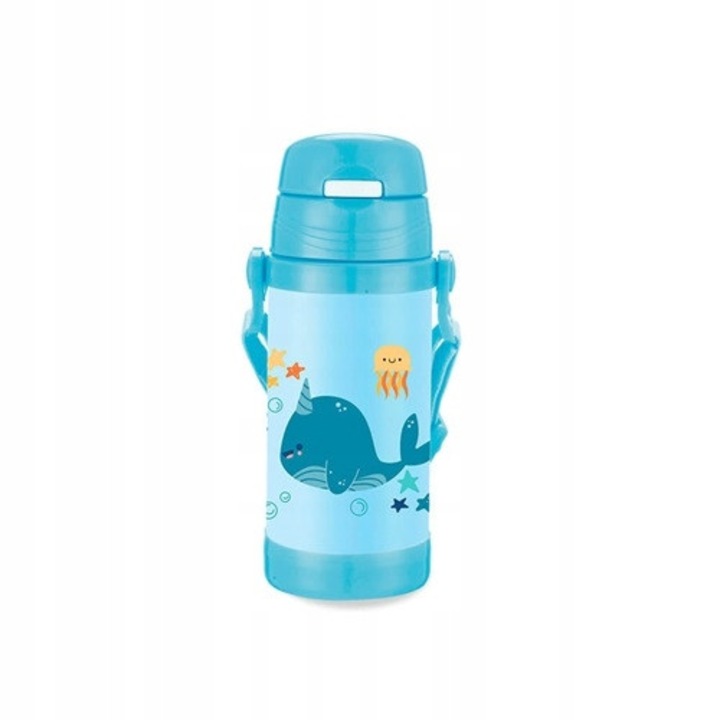 Cana termica/bidon termic pentru copii Maestro Balena din otel inoxidabil 304, cu pai, baza antiderapanta, curea reglabila 100 cm, albastru, 350 ml