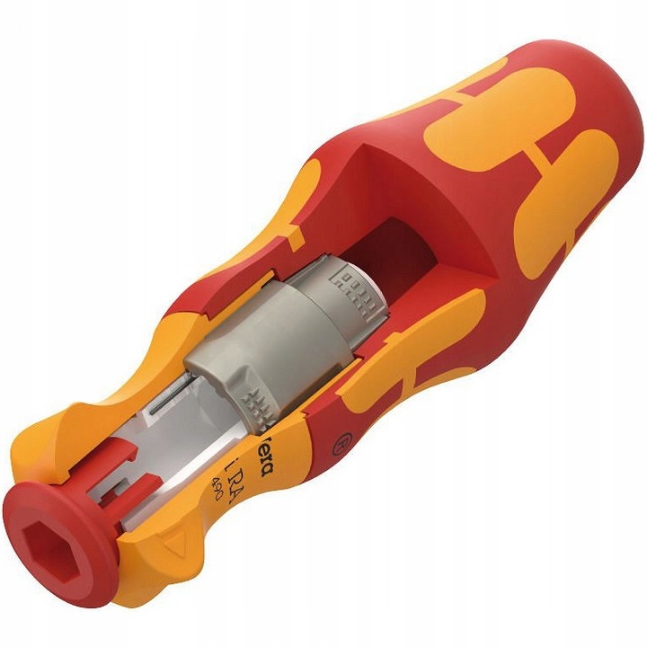 Дръжка за отвертка Wera Kraftform Kompakt 837 RA, VDE 1000V изолирана, с функция тресчотка и захват за накрайници 1/4, червено/жълто, 1 бр.