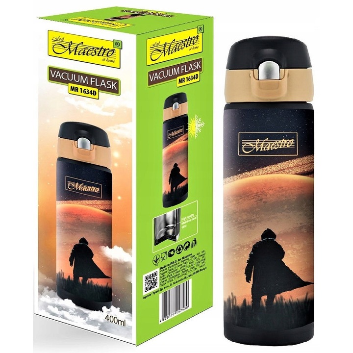 Cana termica termos Maestro MR1634-D Wedrowiec, otel inoxidabil, pereti dubli cu izolatie vidata, cu inchidere cu dubla blocare si deschidere cu buton, potrivita pentru suport auto, Multicolor, 400 ml