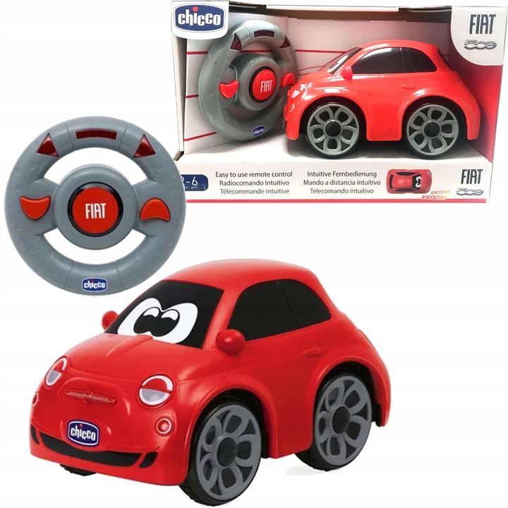 Chicco Fiat 500 távirányítós kisautó, kormánykerék alakú távirányító, forgatható első kerekek, duda hangok, piros, 1 db