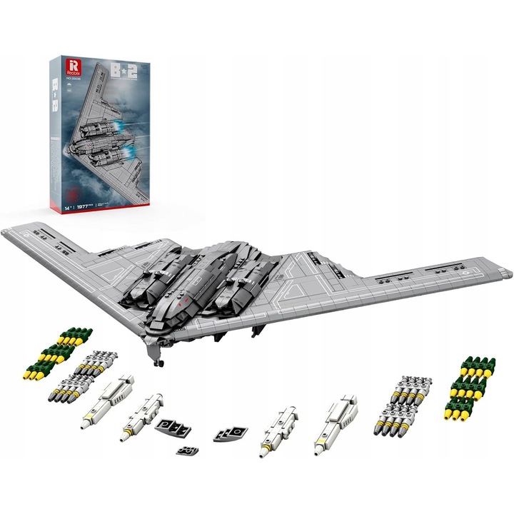 Set constructie avion militar Reobrix B2, 1977 piese, 43x27x10cm, negru