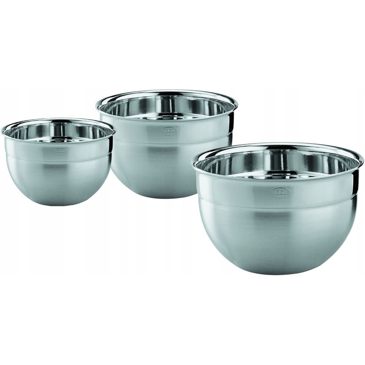 Set 3 boluri Rossler RO-15700, din otel inoxidabil 18/10, cu margine pentru turnare, compatibile cu masina de spalat, argintiu, 16/20/24 cm, 1.6/3.1/5.4 L