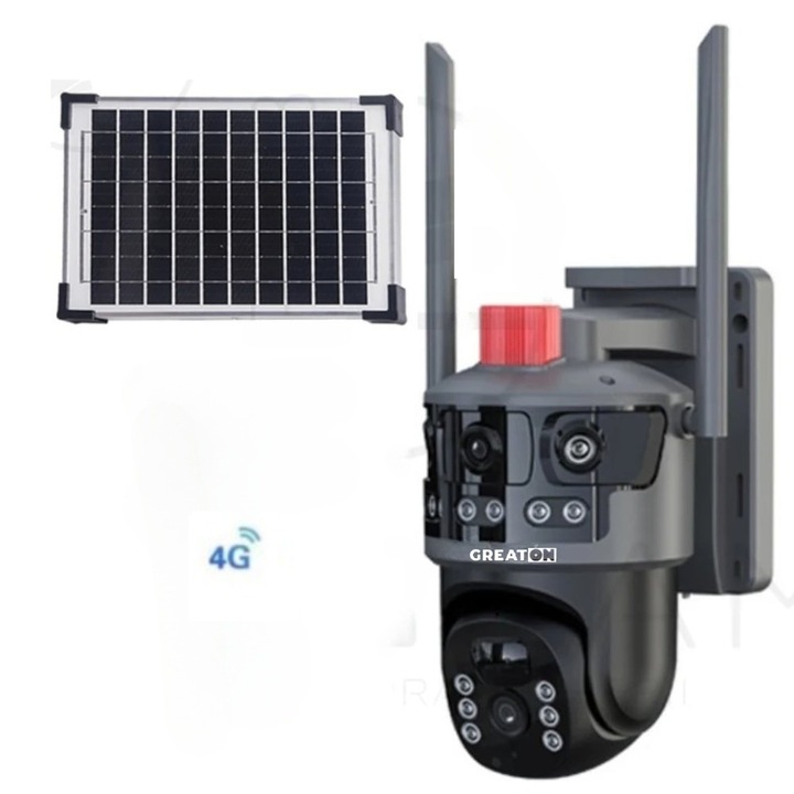 Kültéri WiFi és 4G SIM megfigyelő kamera, 4K GREATON, 12MP, 4 lencse, napelem, 360°, éjjellátó, mozgásérzékelés, kétirányú hang, IP66, alkalmazás, T2102, fekete
