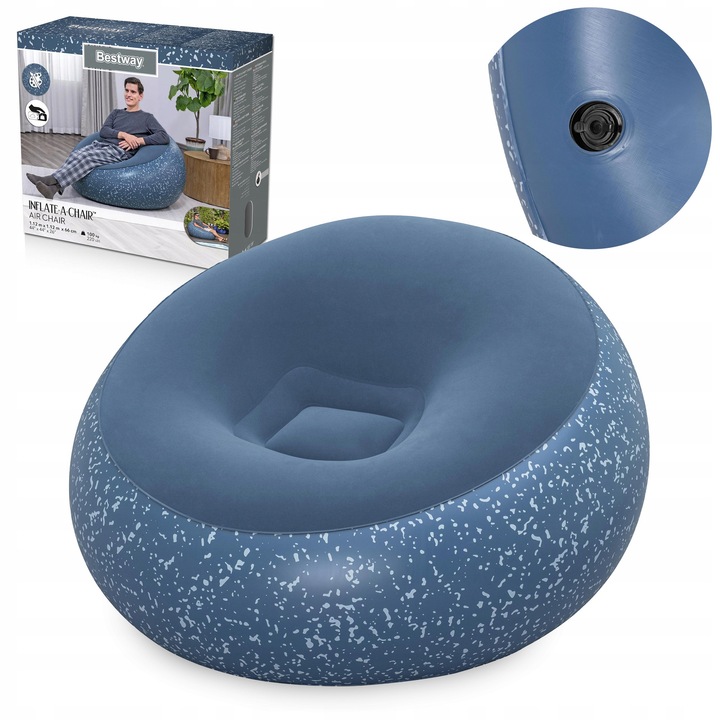 Надуваем фотьойл Bestway Inflate-A-Chair 75154, с кадифена повърхност, лесен за надуване, син, 112 x 112 x 66 см, 1 бр