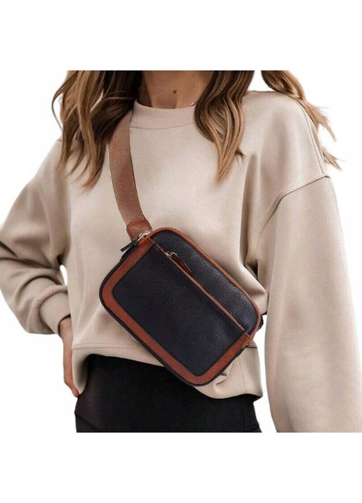 Likado, crossbody táska ökológiai bőrből, állítható pántos övtáska, 3 cipzáras rekesz, fekete/barna, 21x16x3 cm