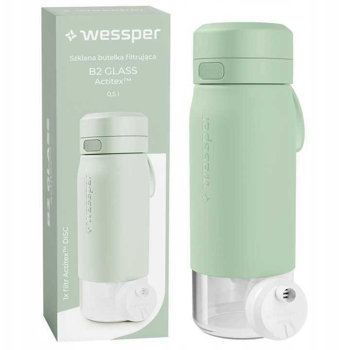 Бутилка филтрираща/бидон Wessper B2 GLASS Actitex, боросиликатно стъкло, с филтър Actitex DISC и индикатор за смяна, мента, 500мл
