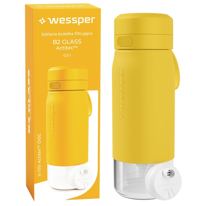 Бутилка филтрираща Wessper B2 GLASS Actitex, от боросиликатно стъкло, с филтър Actitex DISC и брояч на филтъра, жълта, 500мл
