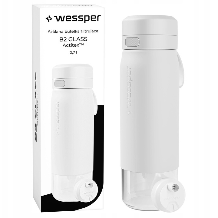Филтърна бутилка/кана Wessper B2 GLASS Actitex, от боросиликатно стъкло, с филтър Actitex DISC и брояч на филтъра, Бяла, 700мл