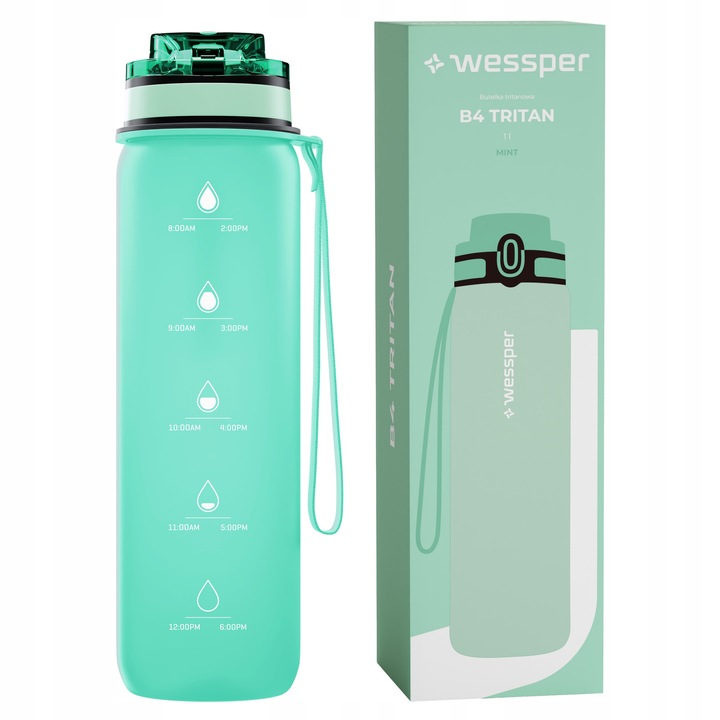 Бутилка за вода / бидон Wessper B4 Tritan, от тритан, без BPA, с мотивационен индикатор и заключваща се капачка, мента, 1L, 29 см