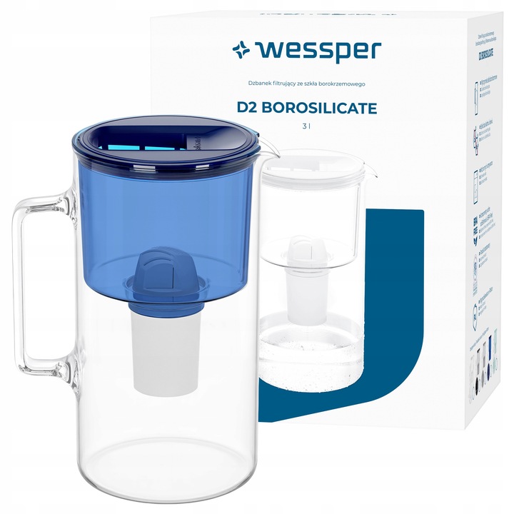 Филтърна кана Wessper D2 боросиликат 3L синя с филтър aquaclassic