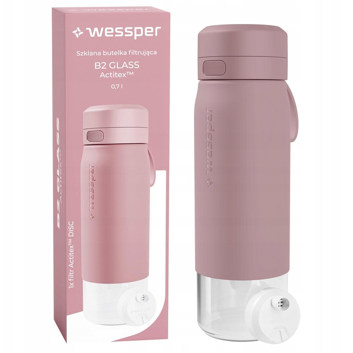 Филтърна бутилка/бидон Wessper B2 GLASS Actitex, от боросиликатно стъкло, с филтър Actitex DISC и силиконов калъф, розова, 700мл