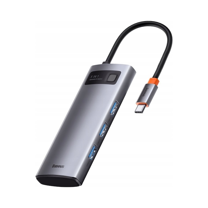 Хъб USB-C Baseus Metal Gleam 5в1, 100W, HDMI 4K, 3x USB 3.2, сив, 176x16.5x44.5mm