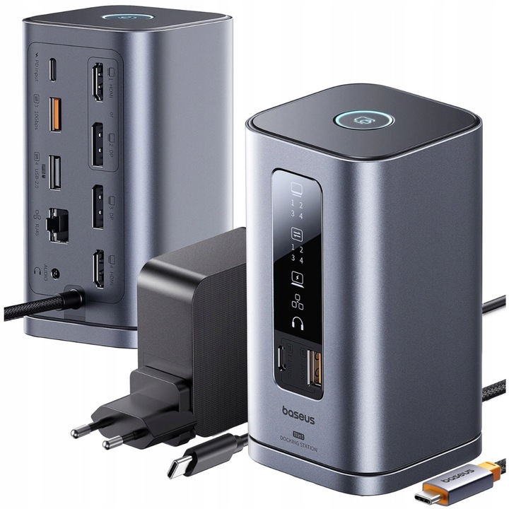 Baseus Spacemate RD1 dokkolóállomás hub, 11 az 1-ben, 2x HDMI 4K@60Hz, 2x DP 4K@60Hz, USB-A 10Gb/s, USB-C 10Gb/s, RJ45, PD 100W, mini jack 3.5 mm, alumínium, szürke