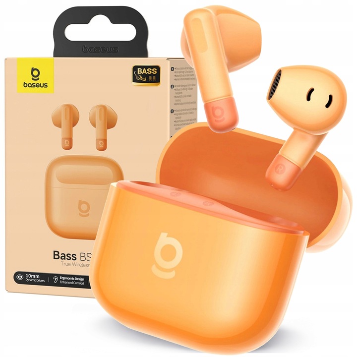 Baseus Bass BS2 Lite TWS vezeték nélküli in-ear fülhallgató, 10mm dinamikus hangszórók, beépített mikrofon, töltőtok, narancssárga, 1 pár