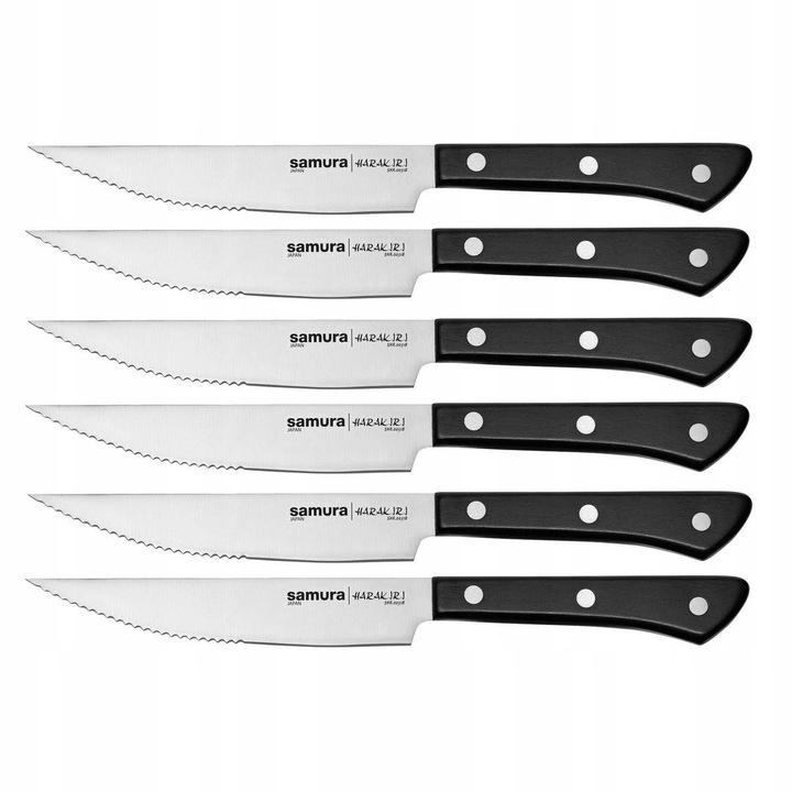 6 darabos készlet, Samura Harakiri steak kések, AUS-8 acél, 58 HRC, POM nyél, Fekete, 6 x 110 mm