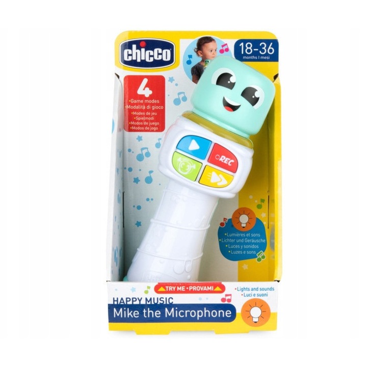 Chicco Mike Happy Music játék mikrofon, 4 zenei mód és felvétel/lejátszás funkció, villogó LED-ek, többszínű, 1 db