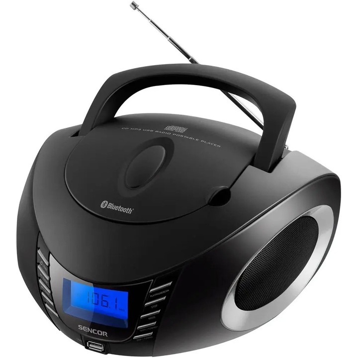Радио CD Sencor SPT 3600 BS, преносимо с bluetooth и USB MP3, горно зареждане за CD, FM с 40 запаметени станции, черно/сребристо