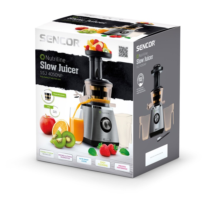 Storcator lent Sencor SSJ 4050NP, slow juicer, sita filtranta din titan, 400 W, recipient suc 0,8 l, recipient pulpa 0,8 l, functie revers, viteza 60 rpm, argintiu/inox
