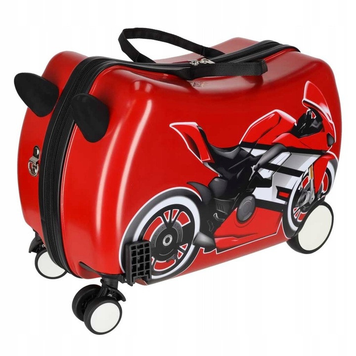 Ikonka, valiza troler pentru copii din plastic, carcasa dura, cu roti 360° si functie ride-on, Motor, multicolor, 44 x 28 x 21 cm